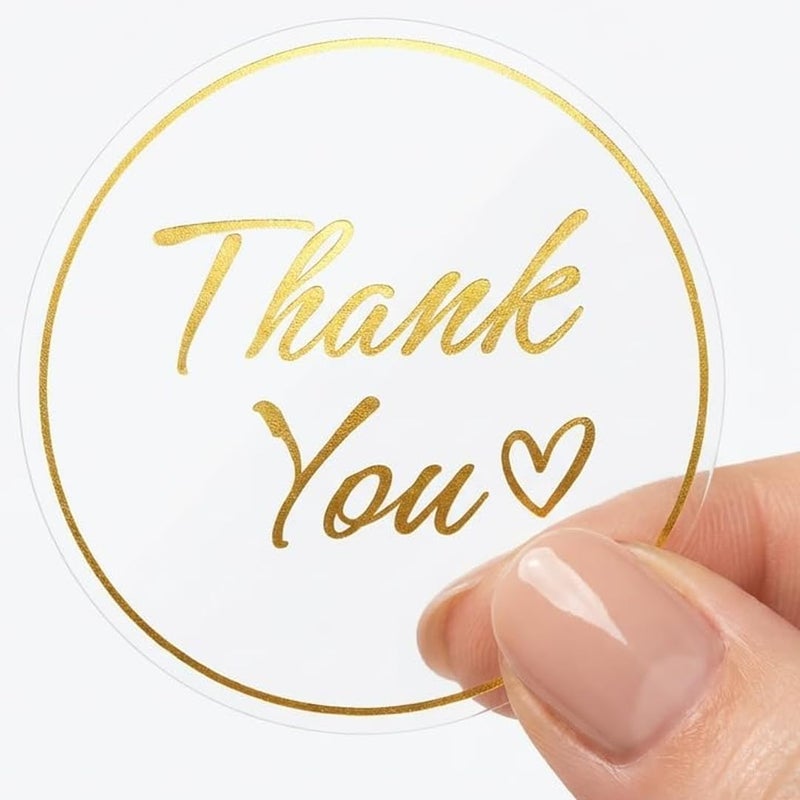 IBAKE 1.5 Inch Clear Thank You Stickers Roll – 500 PCS Gold Foil Script, Waterproof Transparent Adhesive Labels for Small Business Packaging, Gift Bags, Envelopes, Weddings & Events - Image 1
